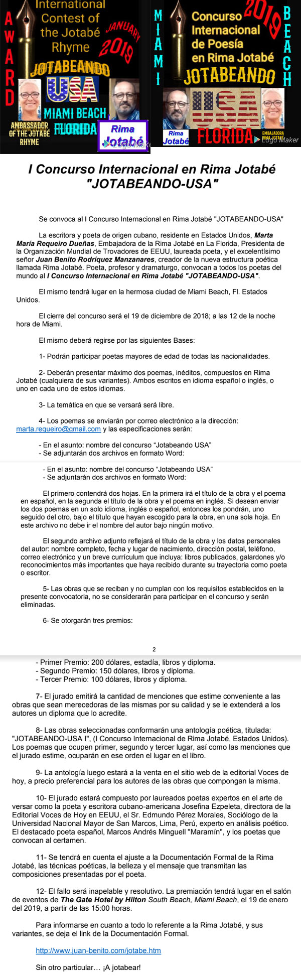 CONVOCATORIA: Concurso Internacional de Poesa en Rima "Jotab" desde Miami Beach. Por Marta M. Requeiro Dueas. cubademocraciayvida.org web/folder.asp?folderID=136 