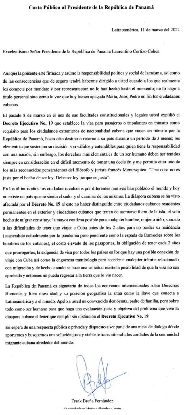 Video y carta: CARTA PÚBLICA AL PRESIDENTE DE LA REPÚBLICA DE PANAMÁ. Por el Licenciado Frank Braña Fernández.            cubademocraciayvida.org                                                                                           web/folder.asp?folderID=136