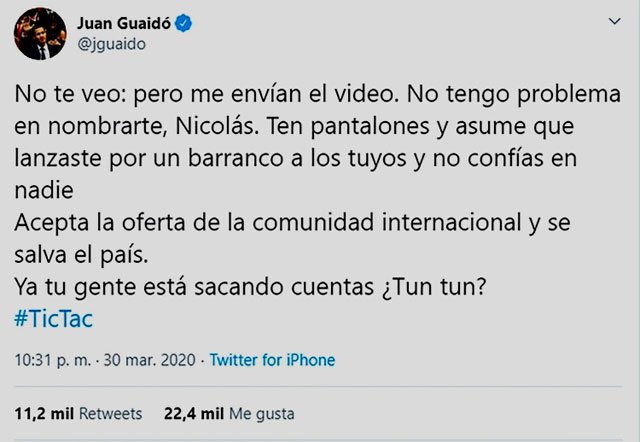 VENEZUELA: Madurto: "Tun tun?"... Guaid le reponde: Tic Tac!!!... La respuesta de Juan Guaid a las amenazas de Nicols Maduro. El presidente interino de Venezuela se hizo eco de los dichos del dictador... cubademocraciayvida.org web/folder.asp?folderID=136