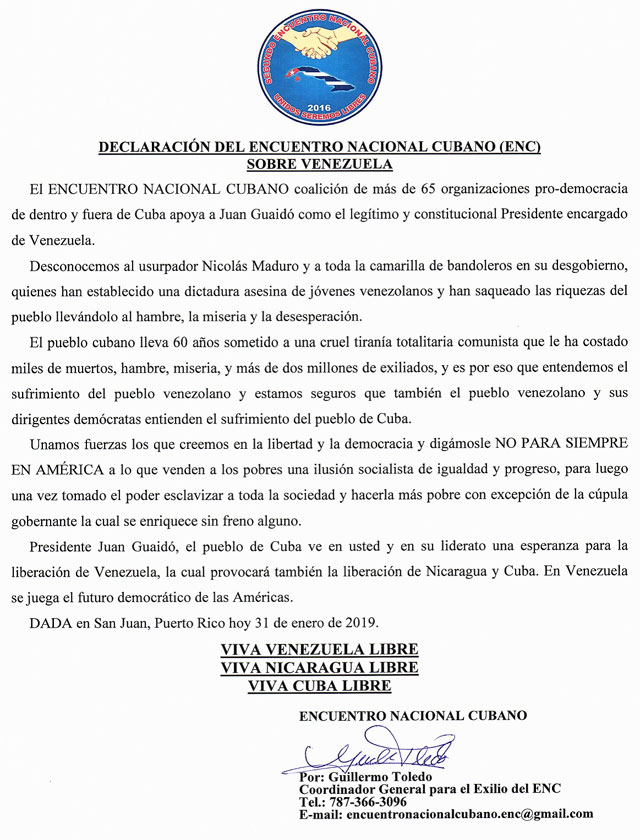 Declaracin del "Encuentro Nacional Cubano" sobre Venezuela. cubademocraciayvida.org web/folder.asp?folderID=136 