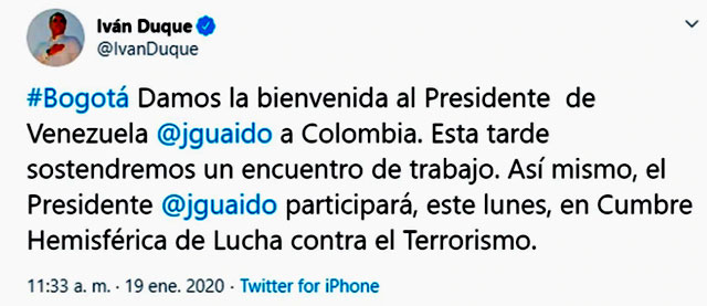 Juan Guaid lleg a Colombia y se reunir con Mike Pompeo. Adems de reunirse con Pompeo, el secretario de Estado de Donald Trump, esta tarde se entrevistar con el presidente Ivn Duque y comenzara una gira internacional por Estados Unidos y Europa. cubademocraciayvida.org web/folder.asp?folderID=136  